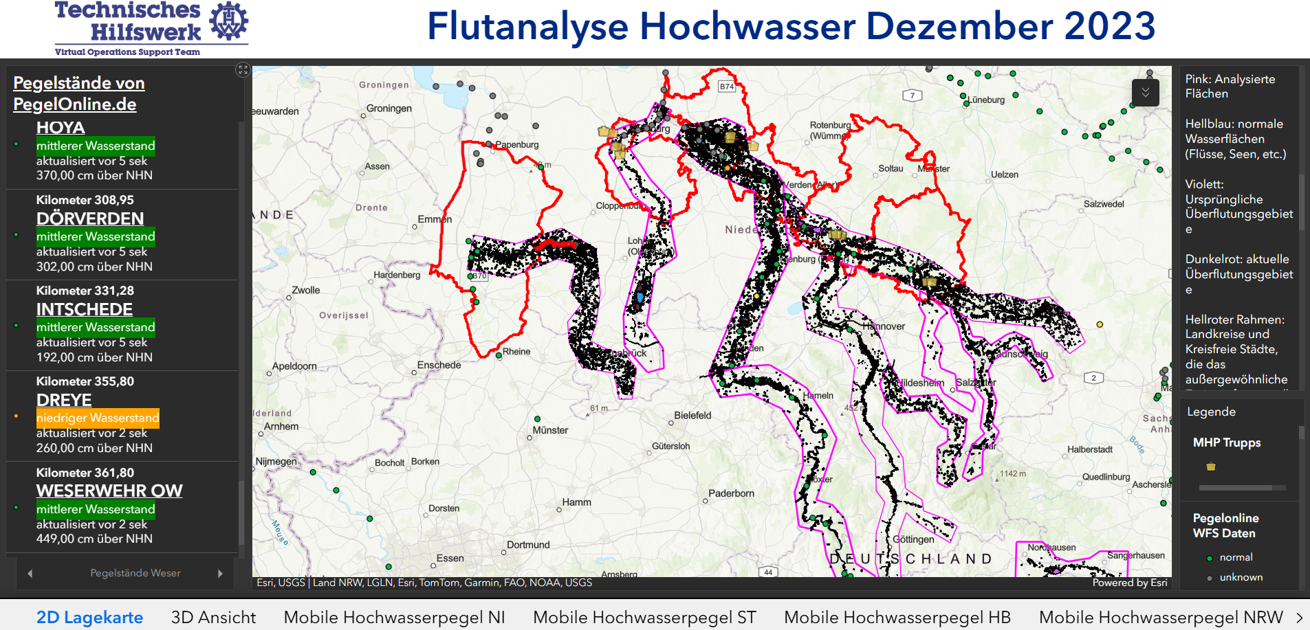 Man sieht eine 2D-Lagekarte mit der Überschrift: Flutanalyse Hochwasser Dezember 2023. Links stehen die Bezeichnungen und Stände der Wasserpegel.